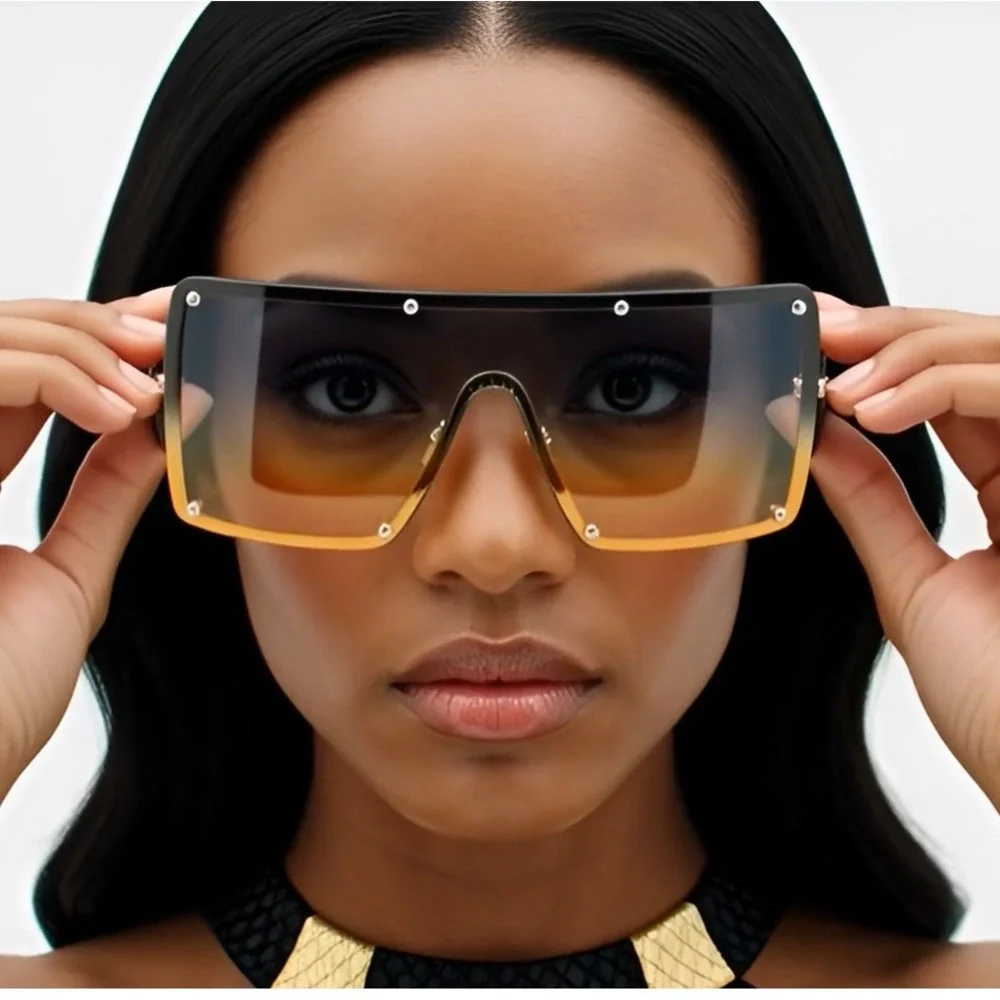 Womens Large Exaggerated Thick Metal Plastic‎ Mod Fashion Rectangle Sunglasses